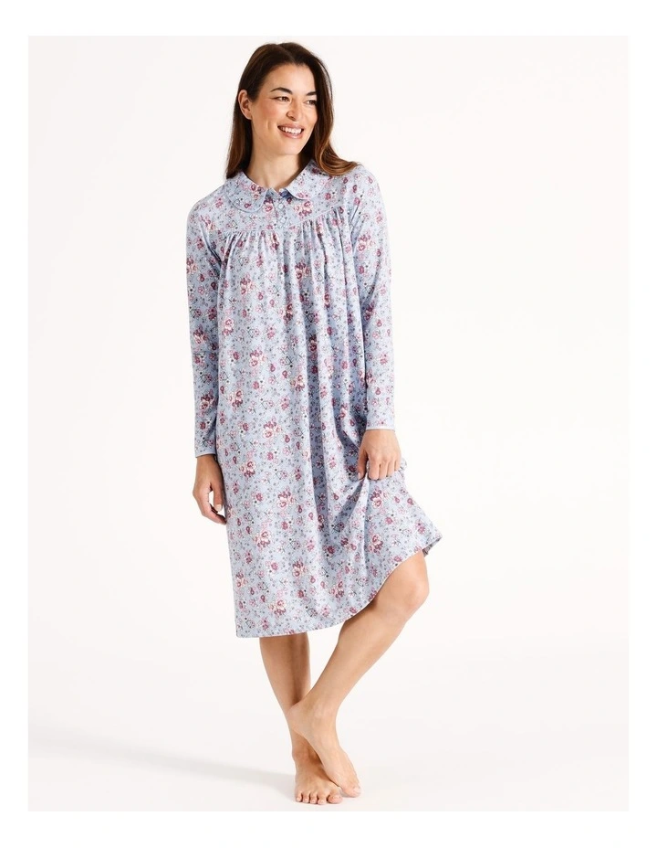 Cotton Long Sleeve Nightie in Blue Floral