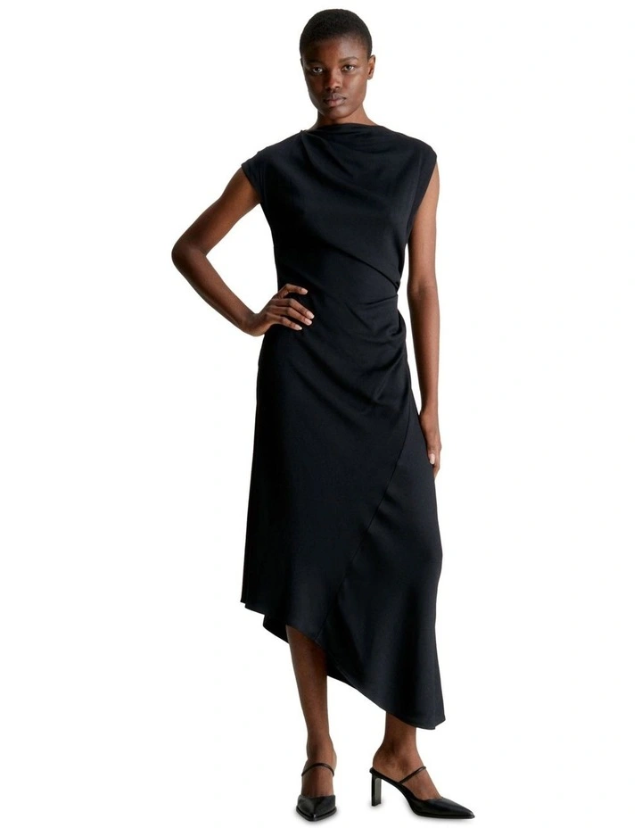 Stretch Crepe Draped Midi Dress in Black