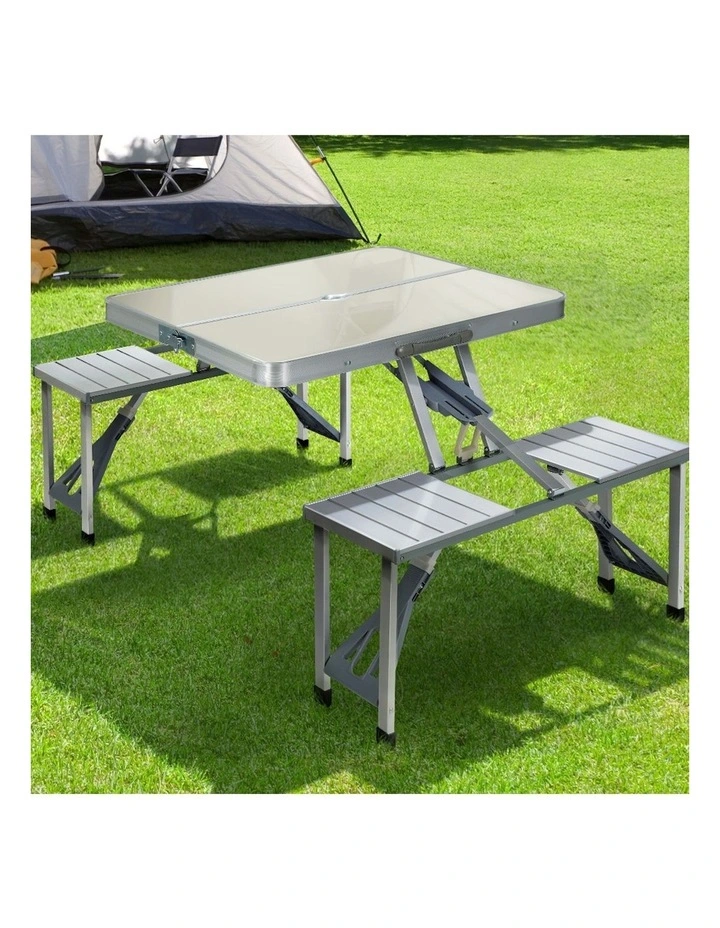 Folding Camping Table Outdoor Picnic BBQ With 2 Bench Chairs Set