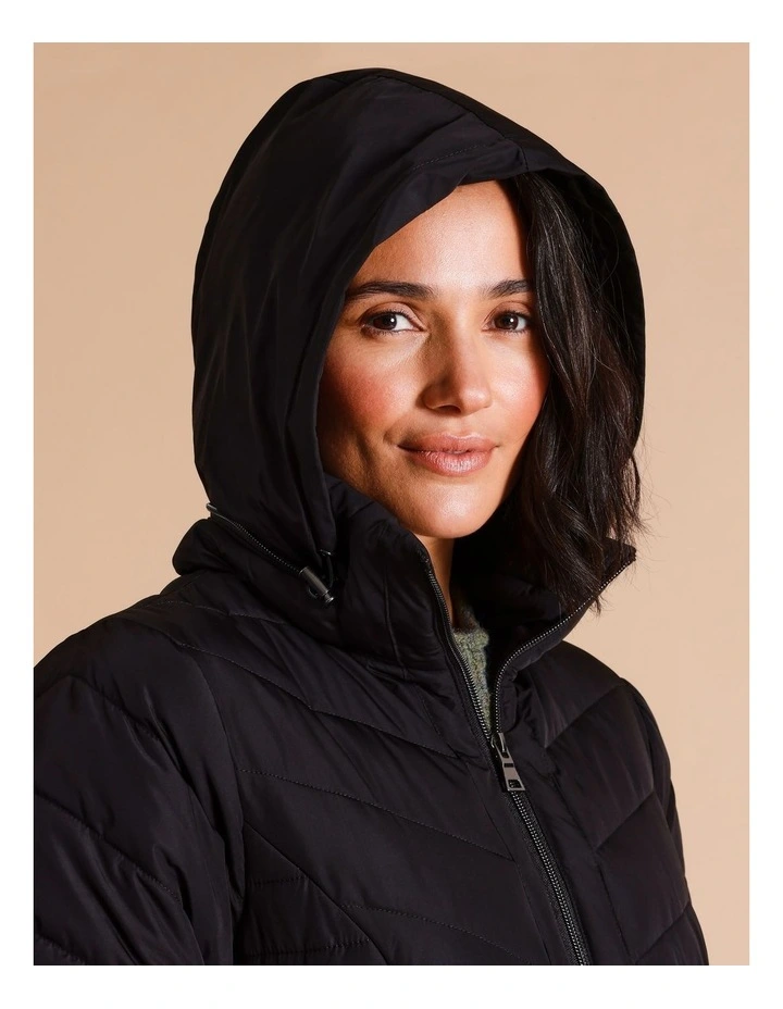 Recycled Polyester Longline Quilted Jacket With Fold Away Hood in Black