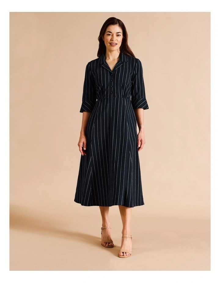 Organic Cotton Shirt Dress With Godet Skirt in Navy/White Stripe