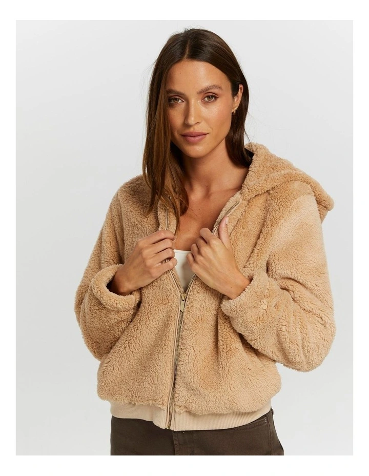 Anna Teddy Jacket With Hood in Beige
