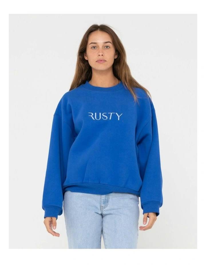 Rusty Signature Oversize Crew Fleece in Blue