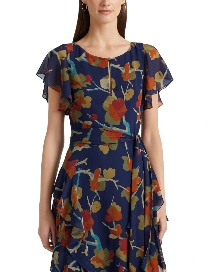 Floral Ruffle-Trim Georgette Dress in Blue