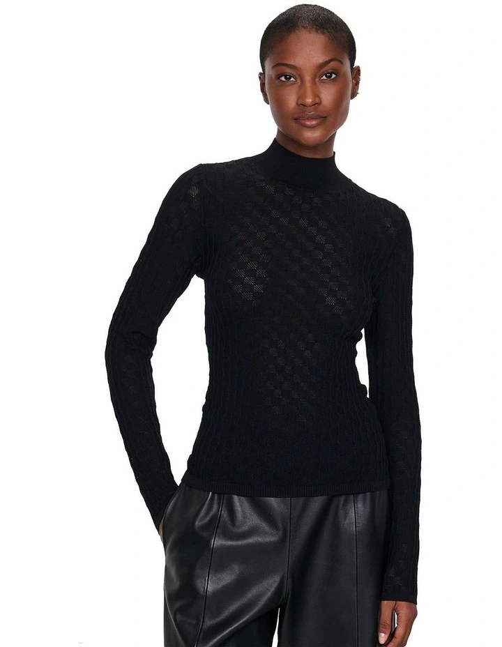 Semi Sheer Textured Funnel Neck Knit in Black