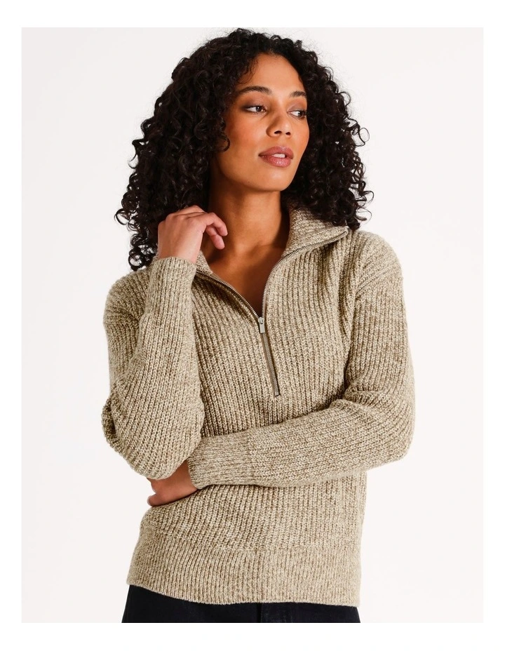 Wool Blend Twist Yarn Zip Neck Jumper in Chestnut