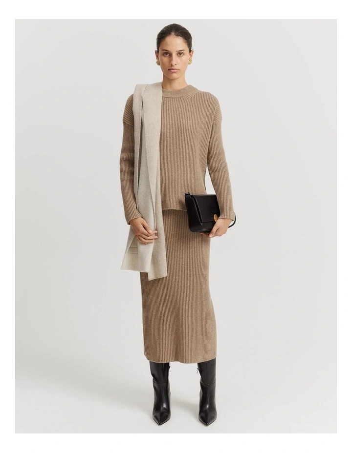 Organically Grown Cotton Cashmere Blend Crew Neck Rib Knit in Fawn