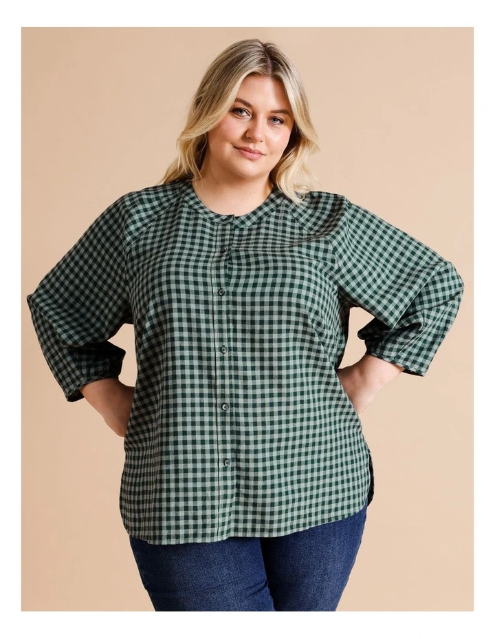 European Linen Blend Raglan Short Sleeve Shirt in Eucalyptus/Navy Gingham