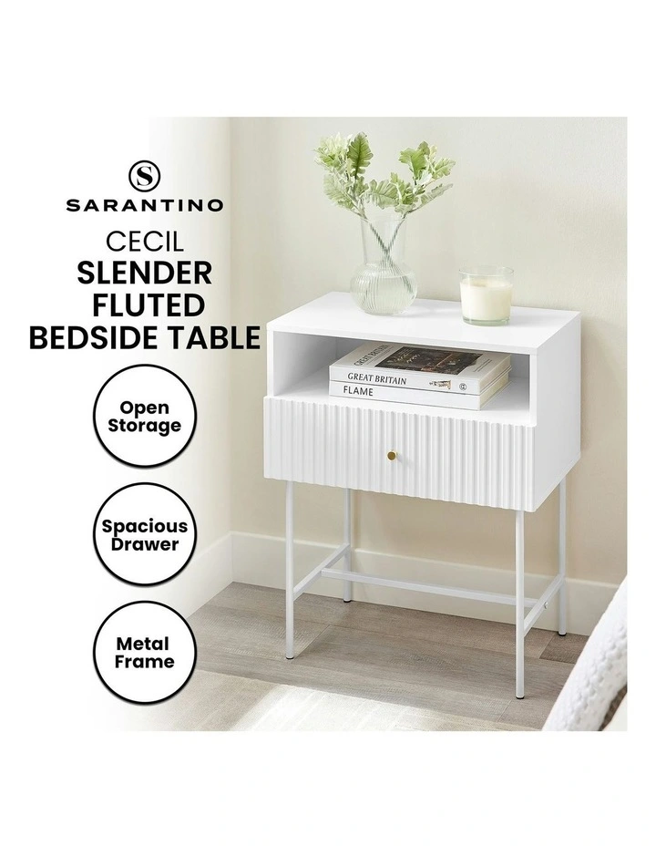 Cecil Slender Fluted Bedside Table in White