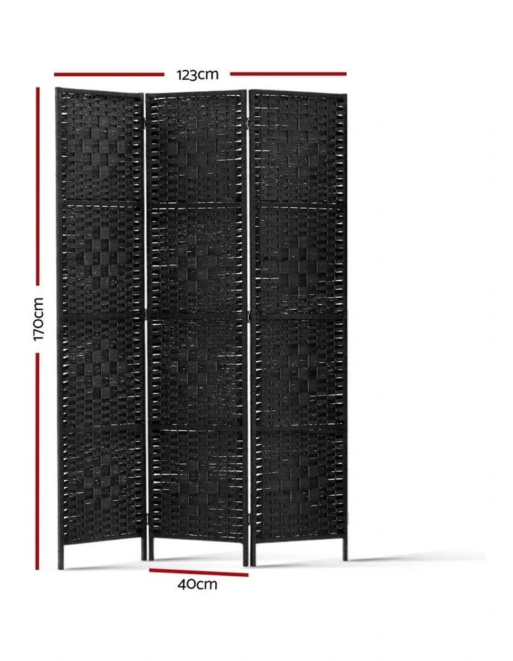 3 Panel Room Divider Privacy Screen Rattan Frame Stand Fold Woven Black