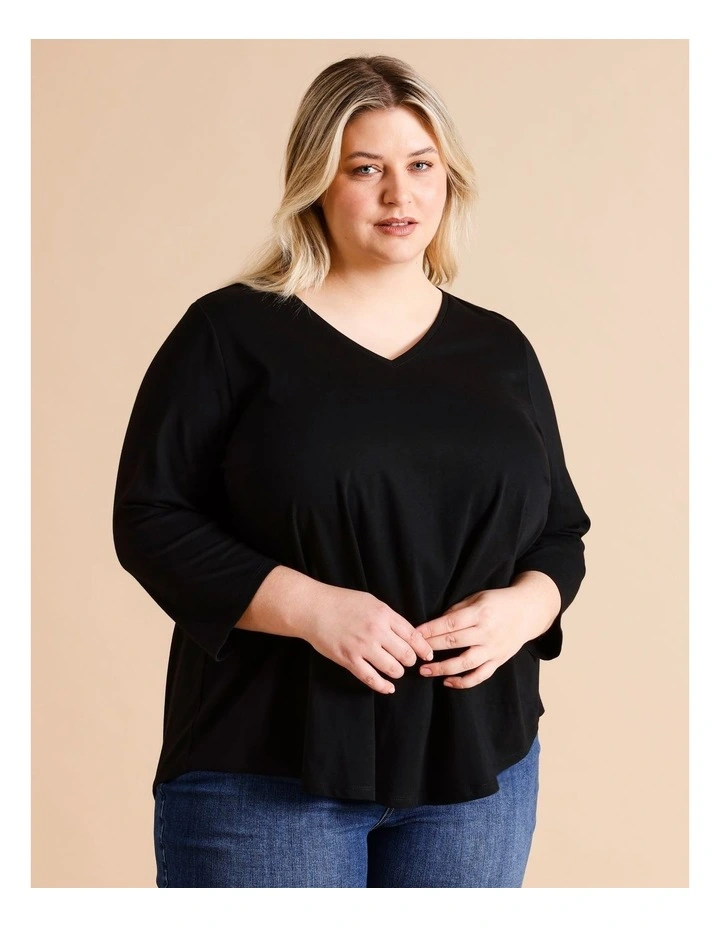 Organic Cotton Wardrobe Staple 3/4 Sleeve Tee In Black