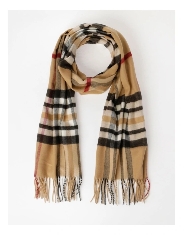 Cashmink Plaid Winter Scarf with Fringe in Camel
