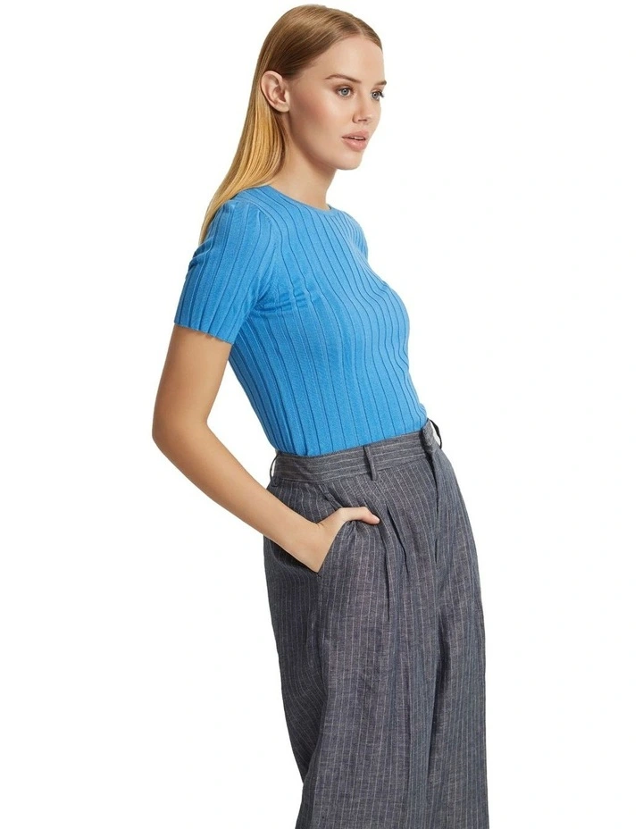 Sasha Crew Neck Short Sleeve Knit Top in Blue