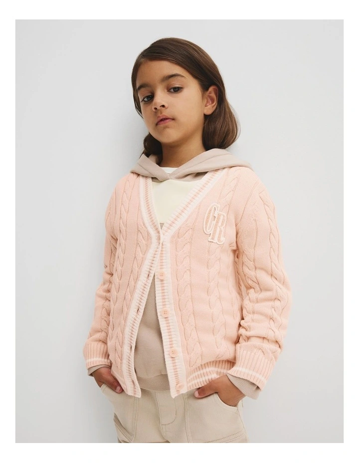 Organically Grown Cotton Varsity Cardigan in Antique Pink