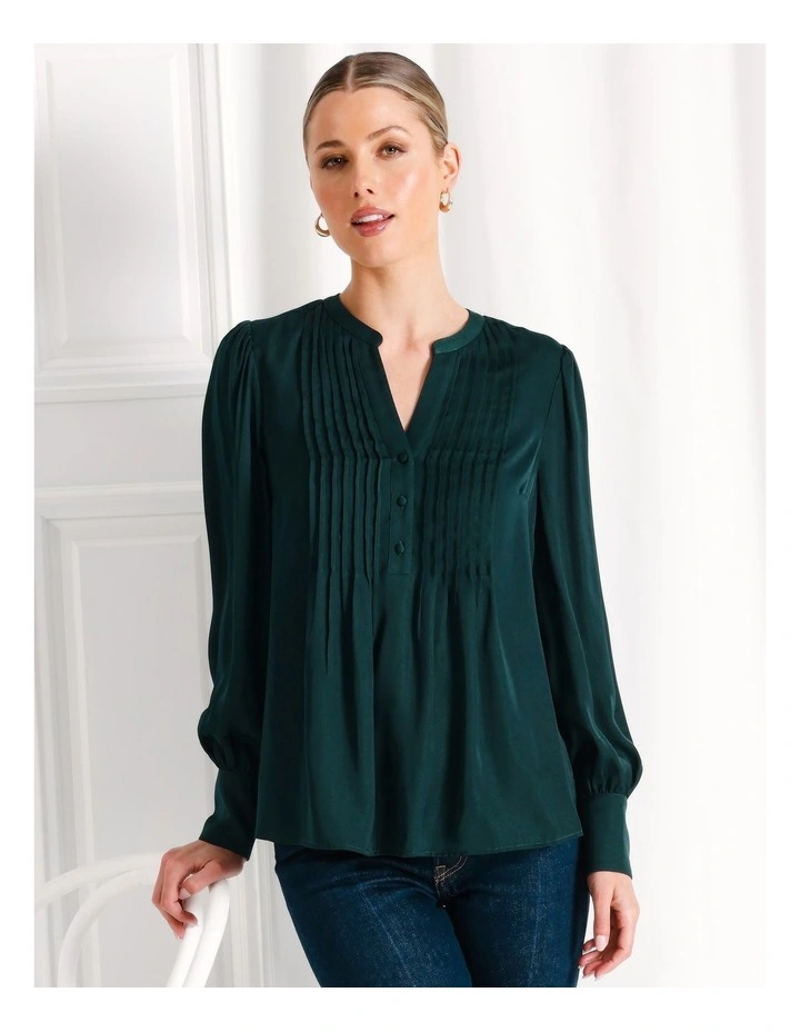 Recycled Blend Satin Pintuck Long Sleeve Blouse in Dark Green