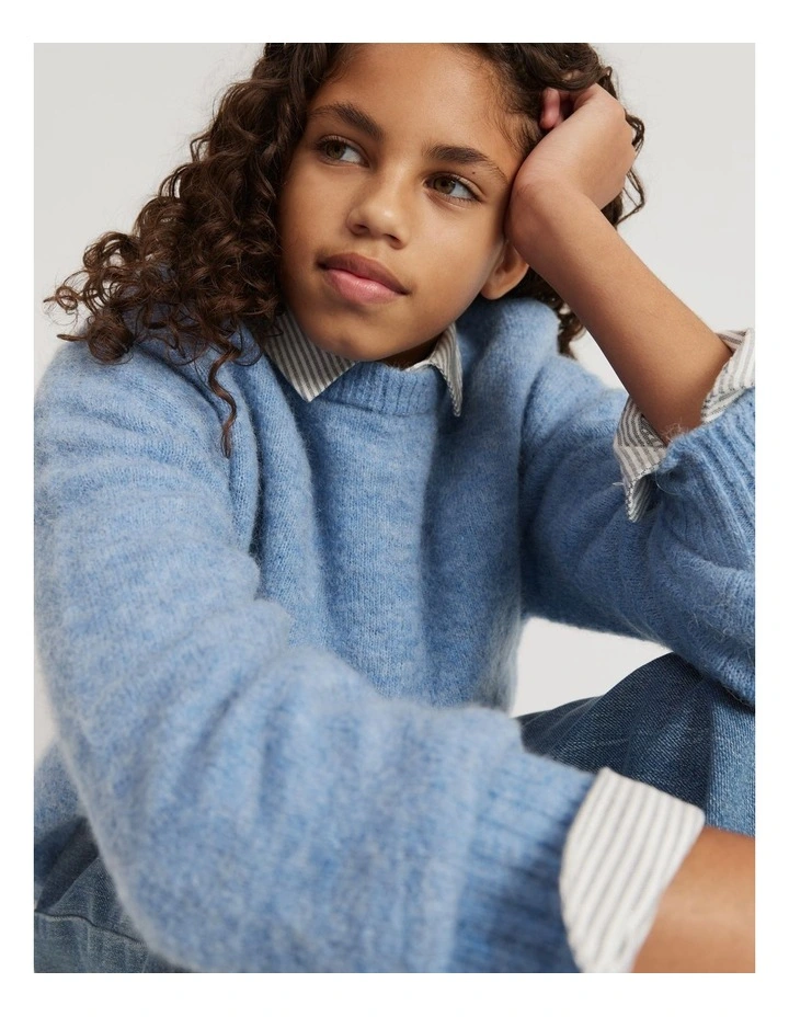 Teen Fluffy Knit Pullover in Dusty Blue