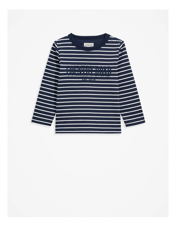 Verified Australian Cotton Long Sleeve Heritage T-shirt in Navy Stripe