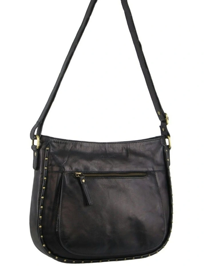 Leather Stud Detail Large Cross Body Bag in Black