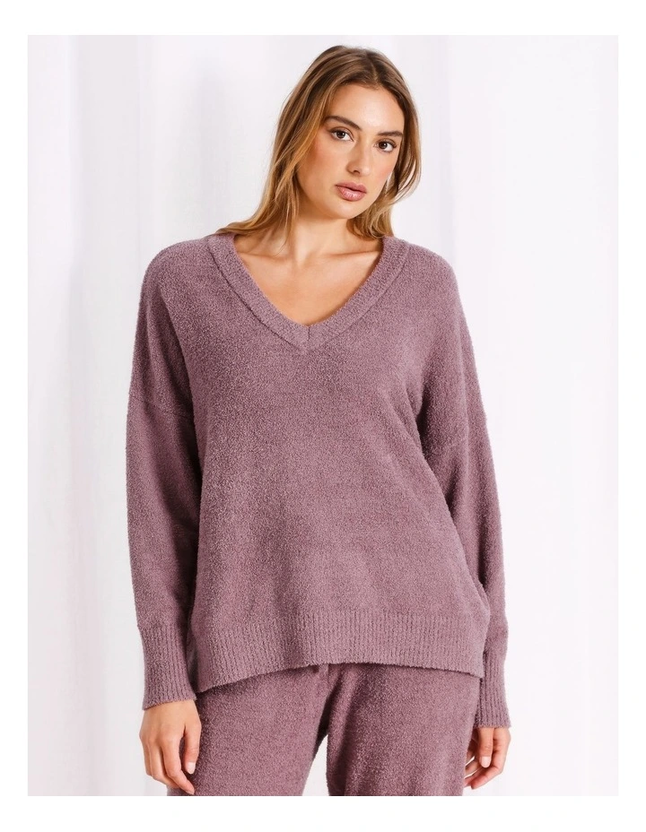 Boucle V-Neck Long Sleeve Top in Brown