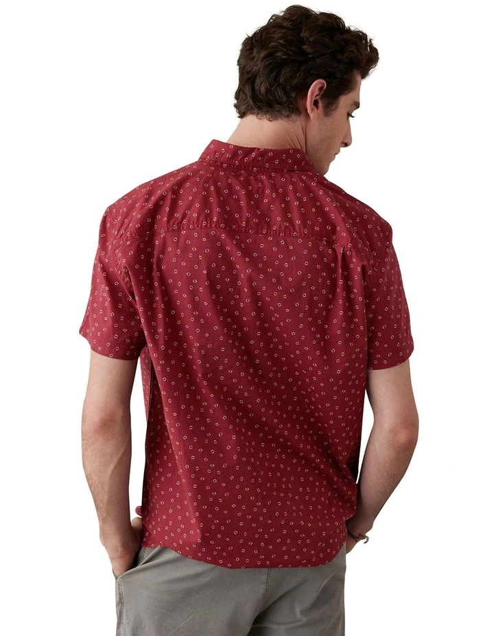 Printed Button Up Resort Shirt in Burgundy
