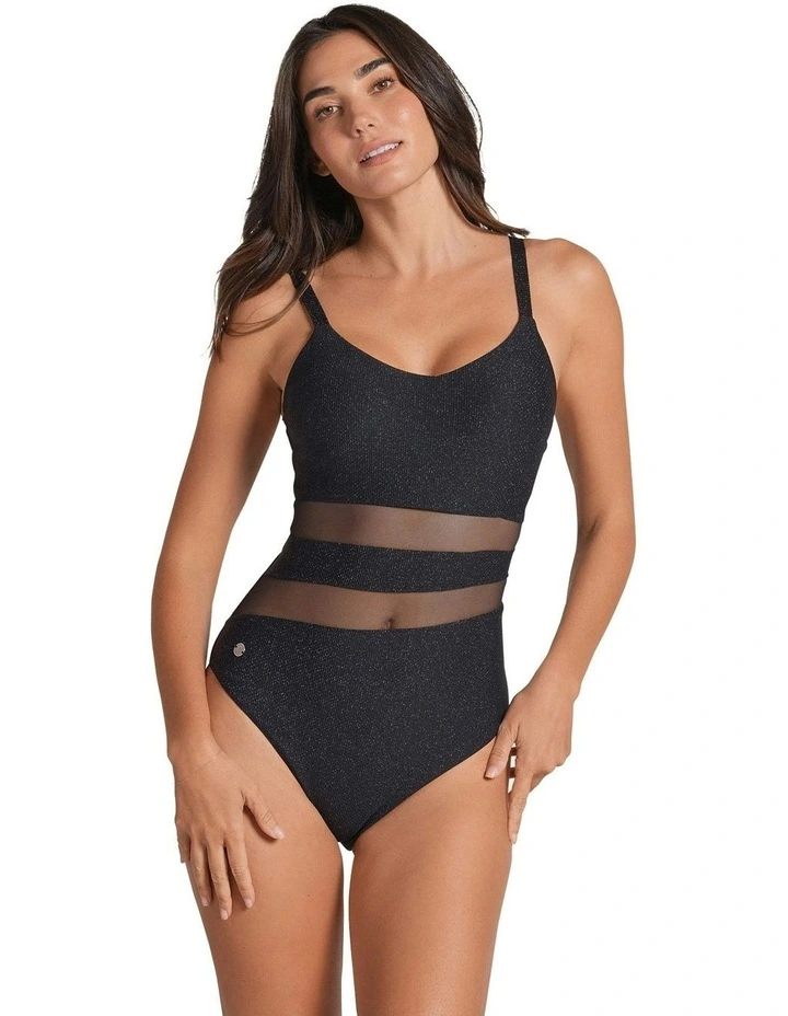 Glittery Tummy Shaping One-Piece Swimsuit With Mesh Stripes in Black