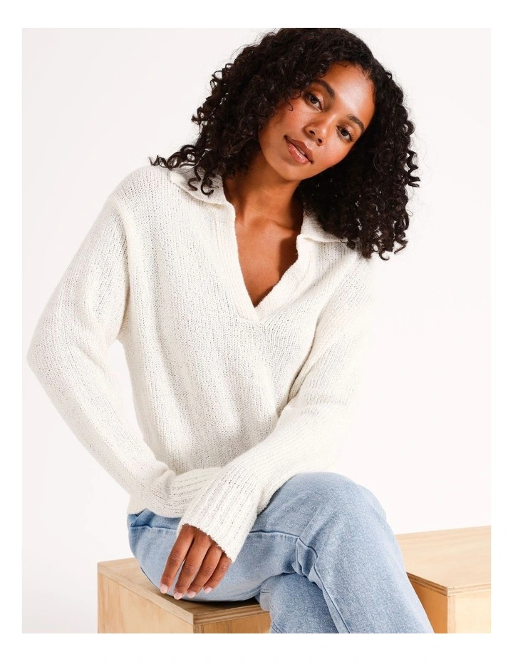 Boucle Knit Polo Jumper in Milk