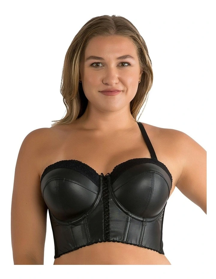 Stevie Faux Leather Longline Bustier Bra Top in Black Faux Leather