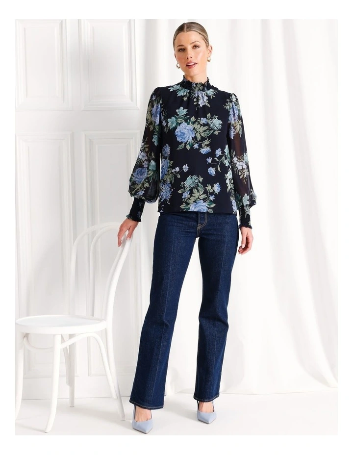 Recycled High Neck Shirred Top in Navy