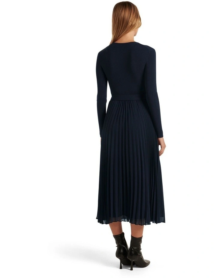 Penelope Crew Neck Woven Mix Knit Dress in Navy