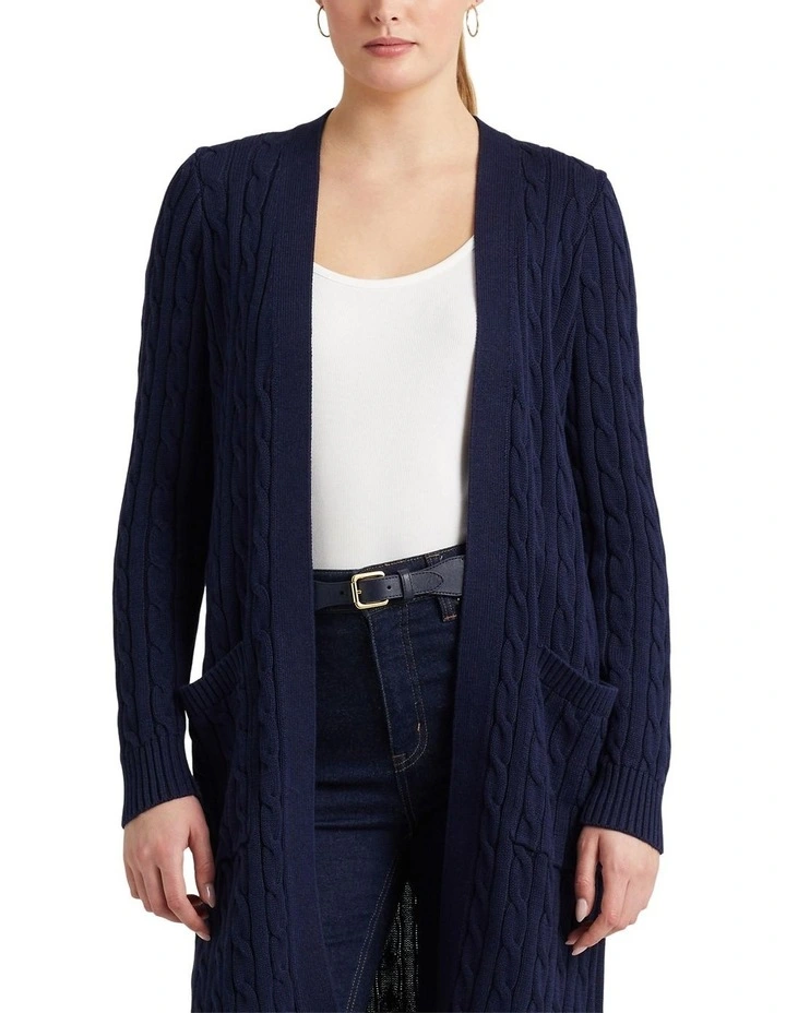 Linen-Cotton Cable-Knit Cardigan in Navy