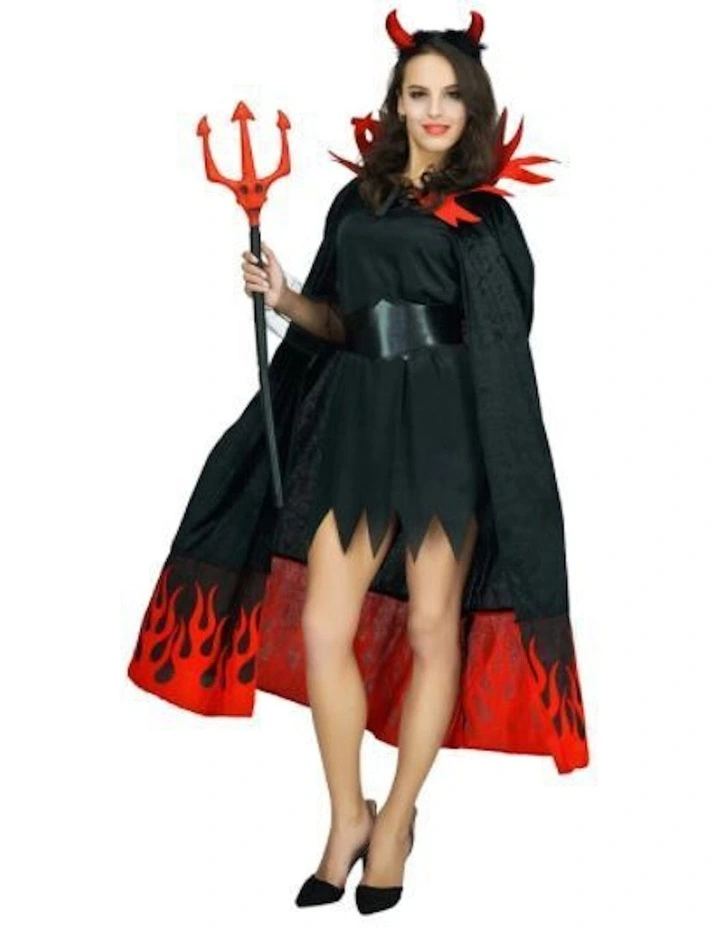 Devil Demon On Fire Halloween Costume Cape and Devil Horns in Multi