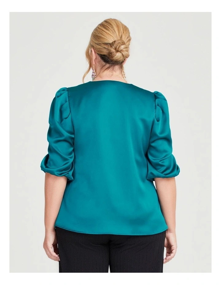 Satin Ruched Sleeve Top in Deep Teal
