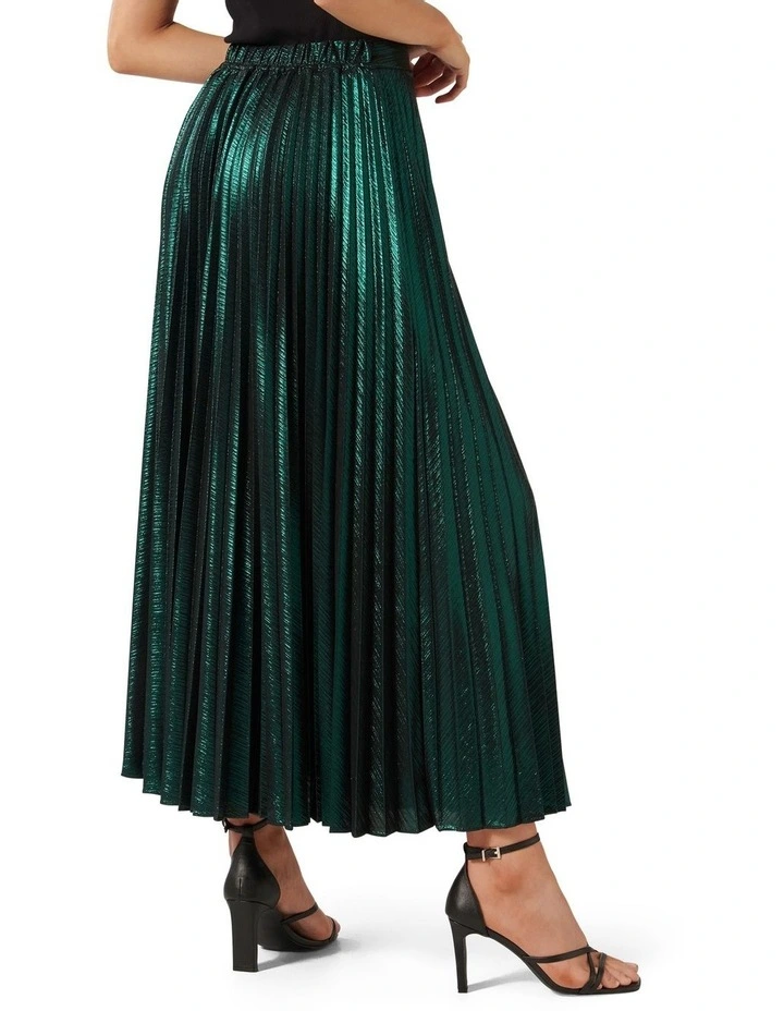 Rylee Metallic Pleated Skirt in Green