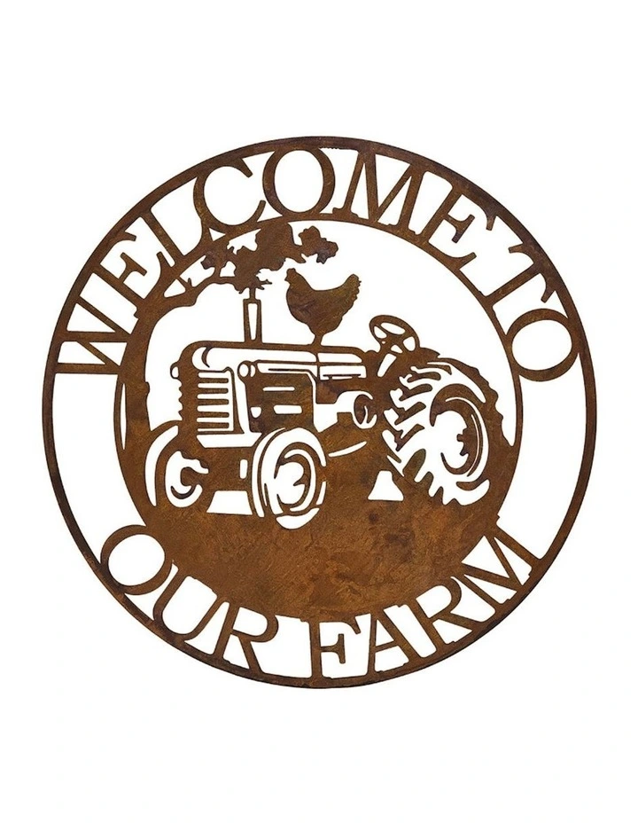 Welcome to Our Farm Round Laser Cut Wall Art 60cm in Rust