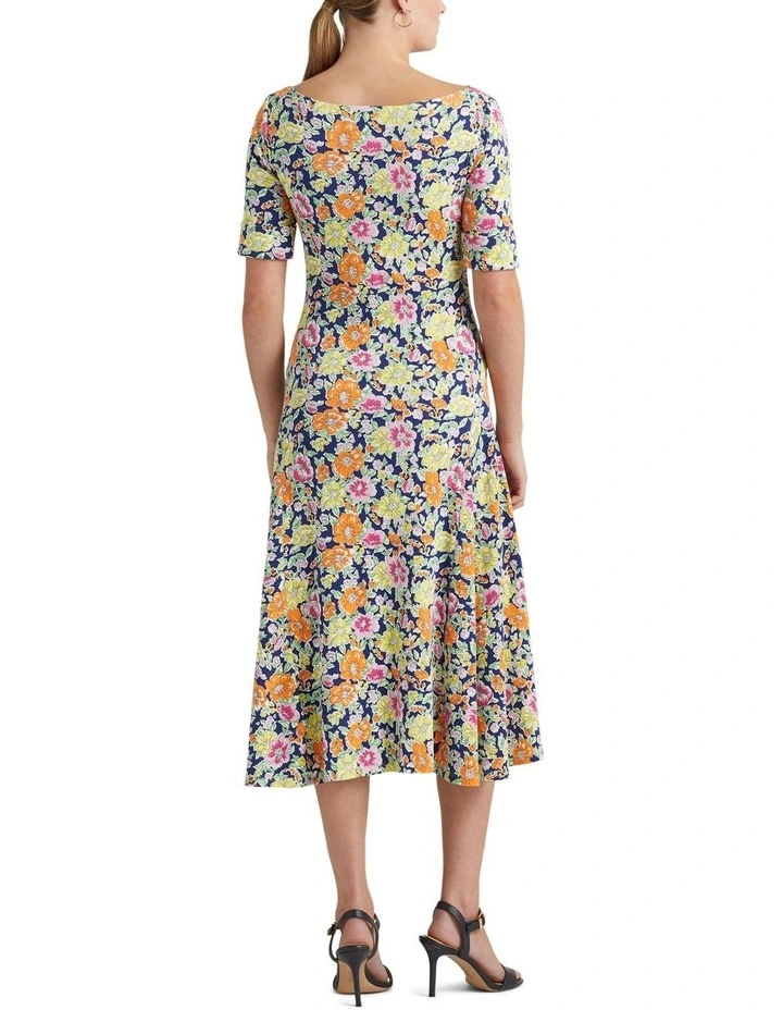 Floral Stretch Cotton Midi Dress in Blue