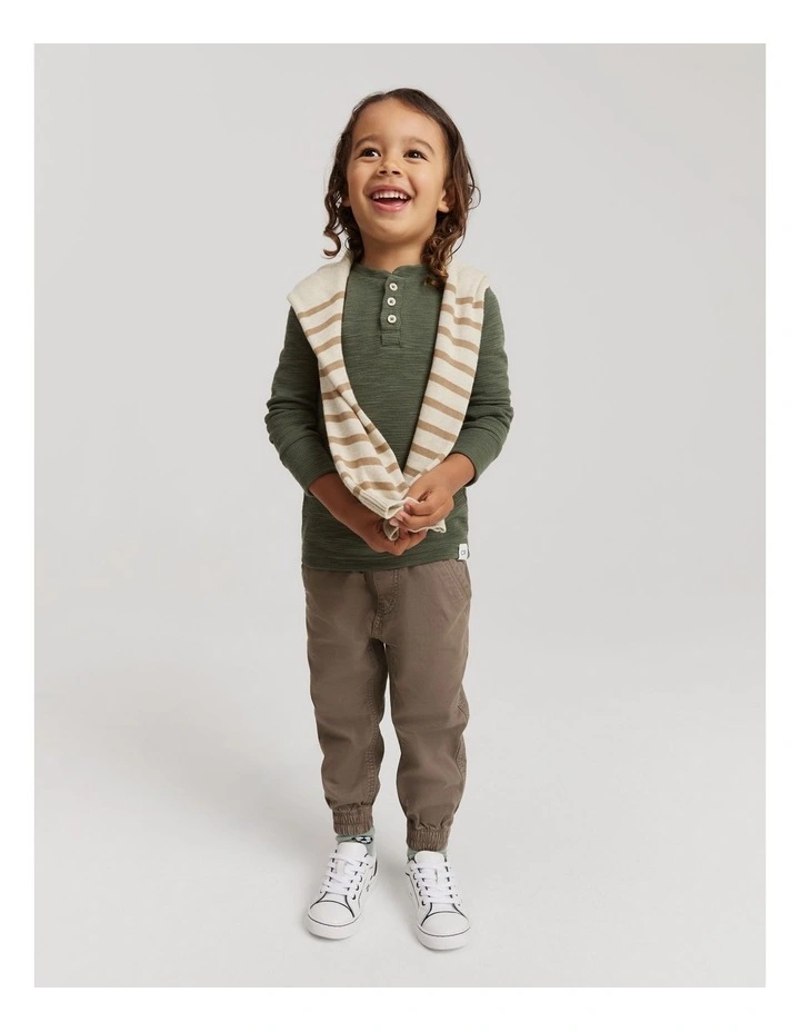 Slub Texture Henley Top in Forest Green