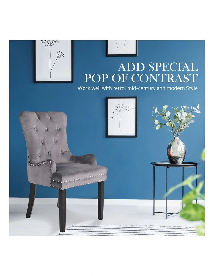 French Provincial Ring Studded Lisse Velvet Dining Chair in Grey
