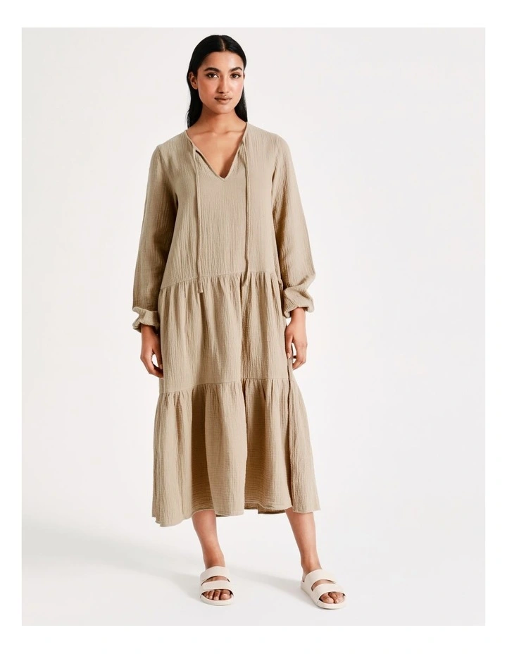 Natalie Long Sleeve Cotton Dress in Silver Mink