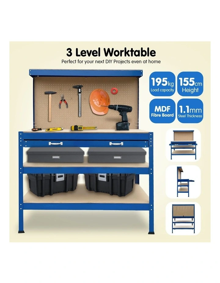 3-layer Steel Work Bench Garage Storage Table Tool Shelf Pegboard DrawerBlue
