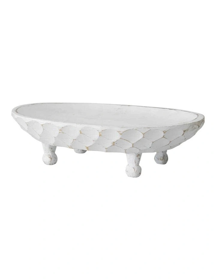 Handmade Wooden Footed Oval Bowl in White