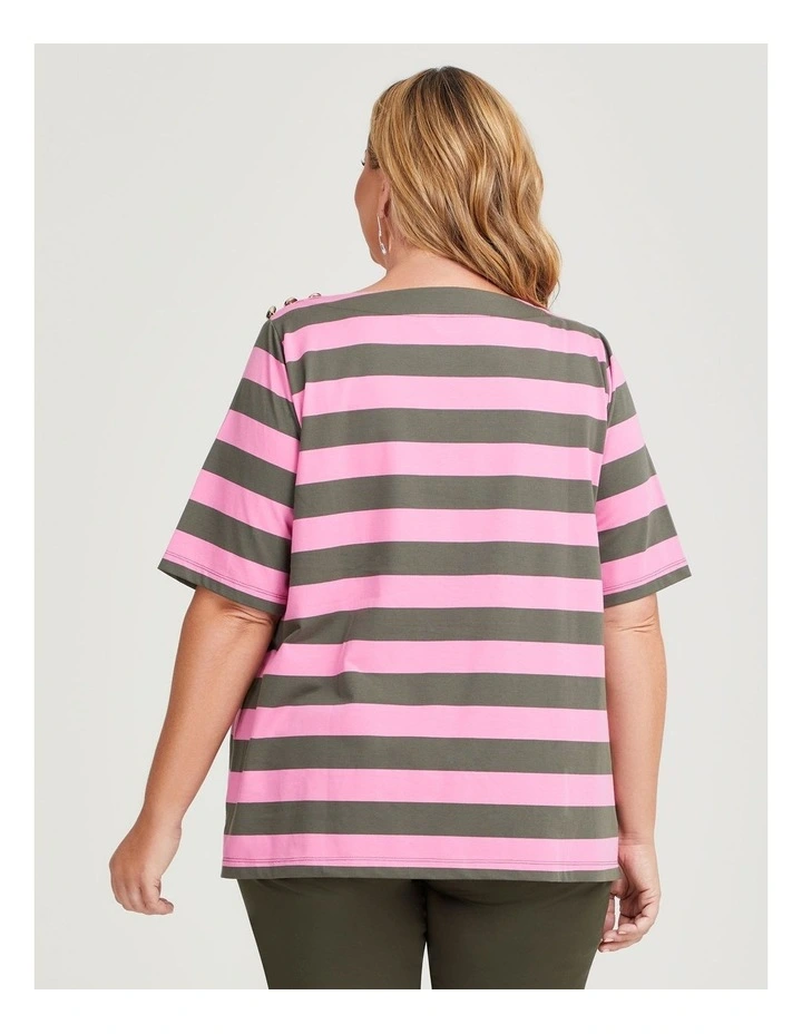 Cotton Block Stripe Button Top in Myrtle/Aurora Pink