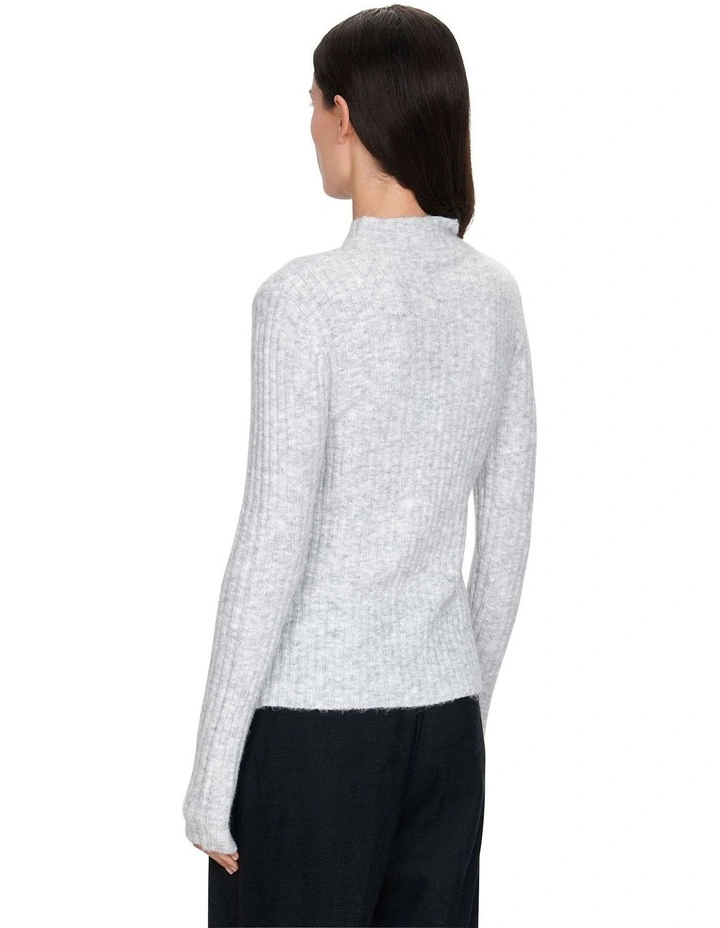 Fuzzy Funnel Neck Ribbed Knit in Grey