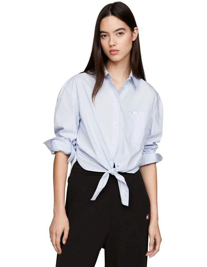 Tie Front Cropped Relaxed Fit Shirt in Blue