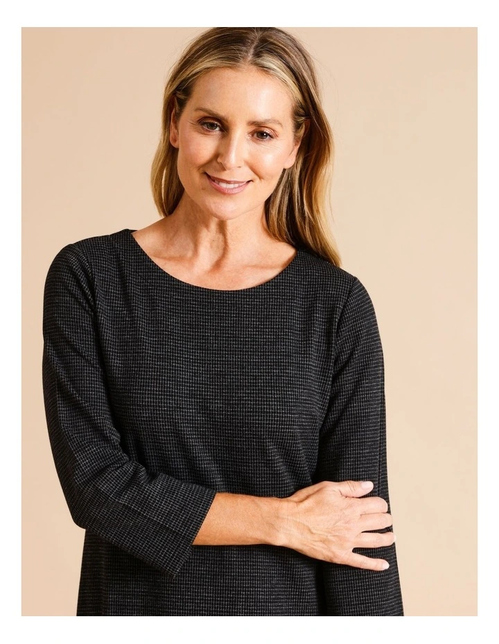 3/4 Sleeve Dart Hem Knit Dress In Black/Charcoal Small Check