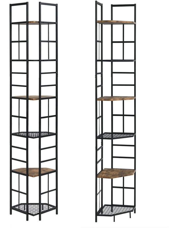 Industrial 6-Tier Pentagon Corner Bookshelf in Dark Brown