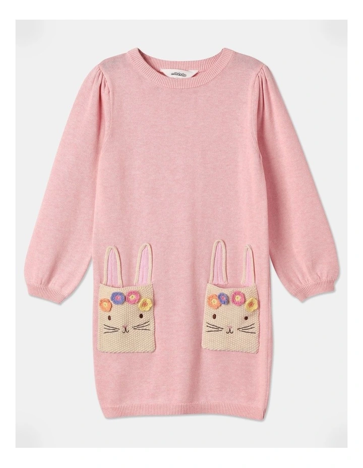 Intarsia Bunny Pockets Knit Dress (3-8 Years) in Light Pink