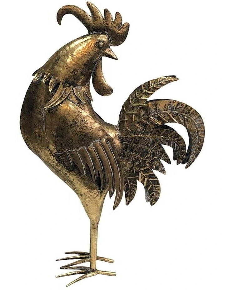 Metal Animal Golden Rooster Facing Back 58cm in Distressed Gold
