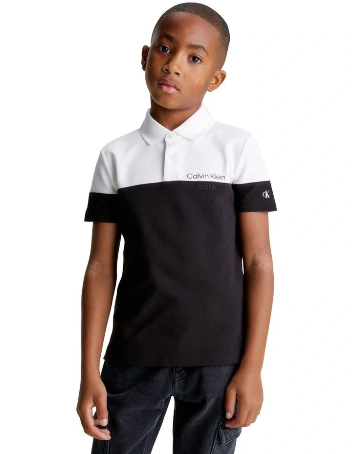 Pique Color Block Short Sleeve Polo T-shirt in Black