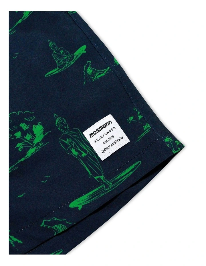 Resort Swim Shorts Surfing Buddha in Blue