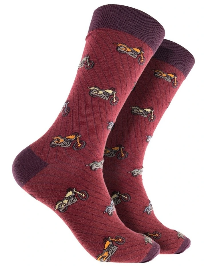 Motorbikes Super Fine Cotton Crew Socks in Burgundy